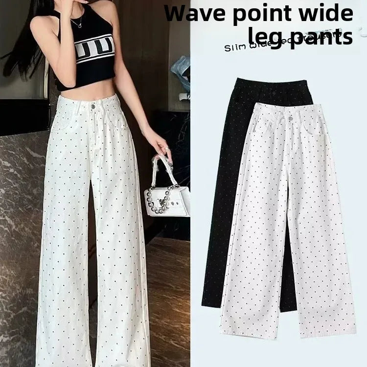 High Waist Wide Leg White Polka Dot Casual Denim Jeans