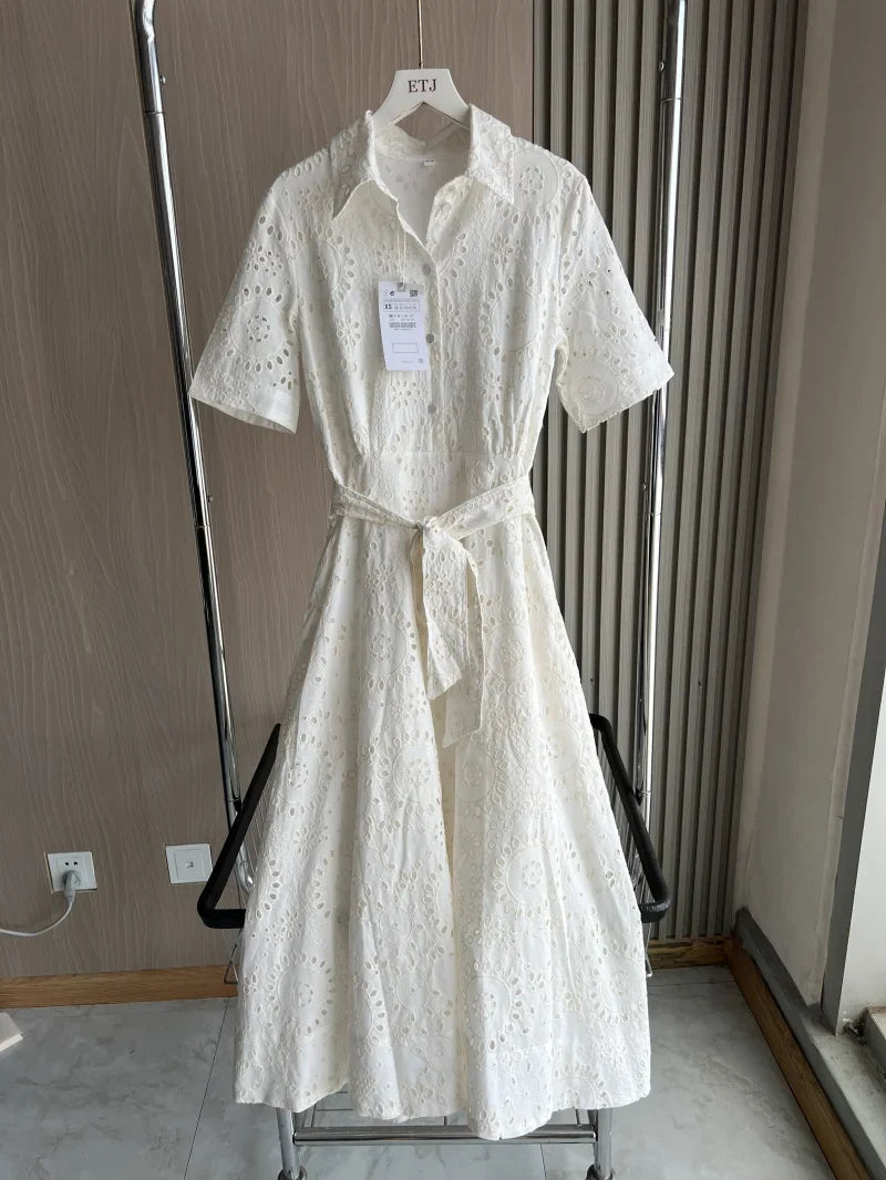 2025 new  women's elegant fashion hollow embroidery cotton shirt lapel short-sleeved dress temperament long skirt