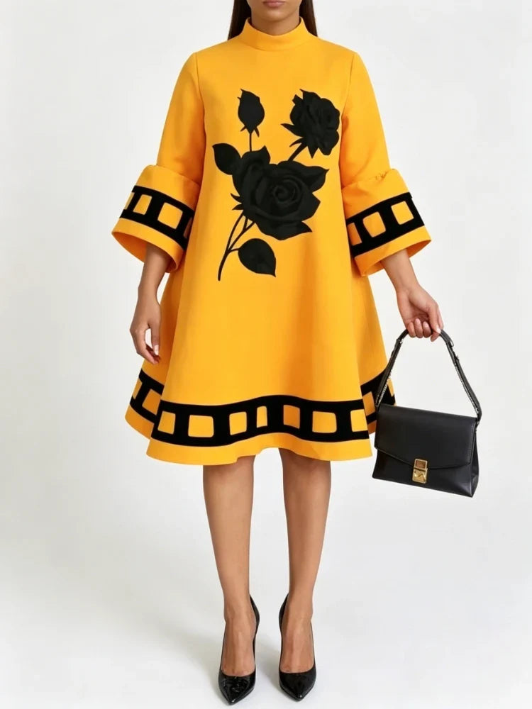 Flower Print  Loose Yellow Dresses for Women Autumn Winter Clothes Flared Sleeves Woman Midi Casual A-line Dress