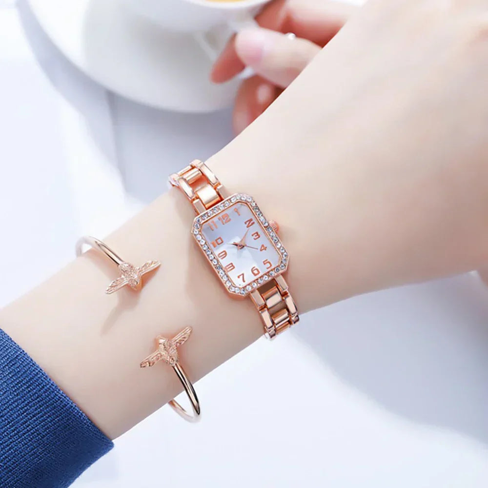 Luxury Women's Watch 2023 New Simple Square Full Diamond Digital Quartz Watch Gold Stainless Steel Bracelet Women's Dress Clock
