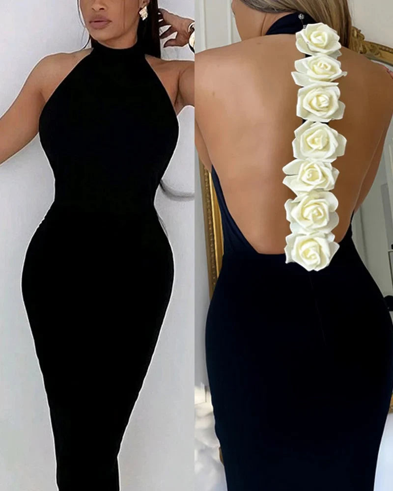 Elegant Rose Detail Dress Mock Neck Sleeveless Backless Bodycon