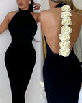 Elegant Rose Detail Dress Mock Neck Sleeveless Backless Bodycon