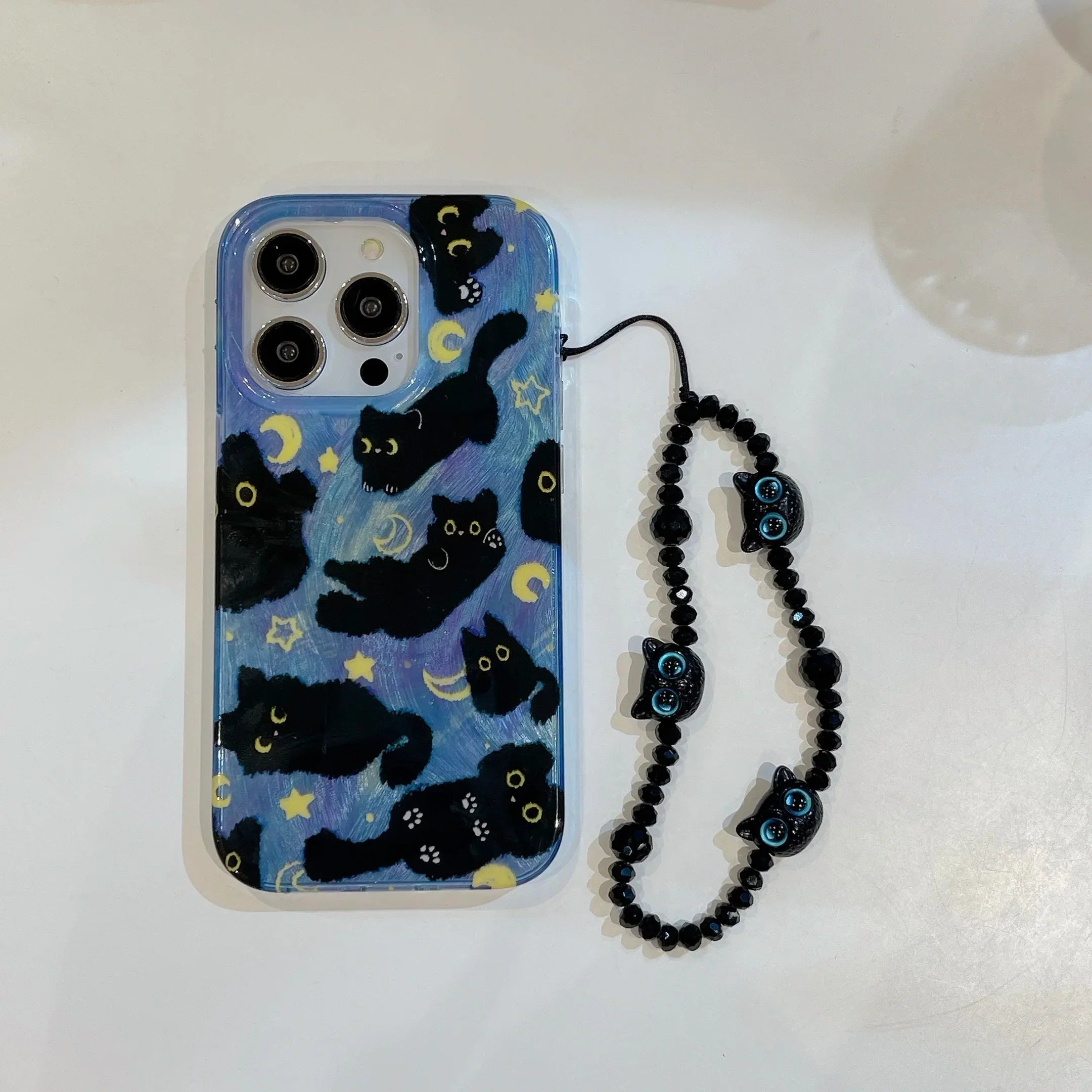 Korean Ins Cute Black Cats Double Layers Wrist Chain Phone Case for iPhone 17 16 15 14 13 12 Pro Max Plus Back Cover