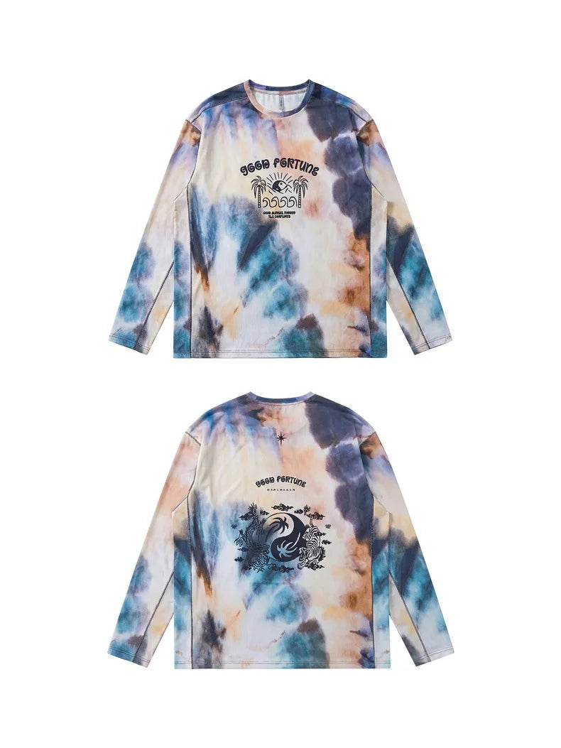 Men's Long Sleeve Sports T-Shirt Quick Dry Stretch Athletic Base Layer Ink Digital Printing Workout Running Top Unisex