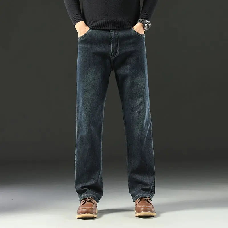 Men's Spring Autumn Soft Baggy Jeans Casual Straight Stretch Wide-Leg Business Denim Pants Versatile Comfortable Loose Trousers