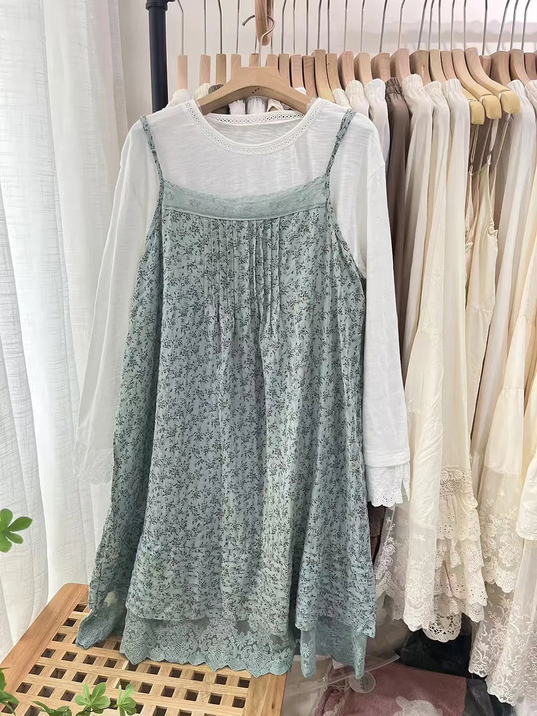 100% Cotton lace embroidery patchwork print slip dress mori girl autumn summer Japan style sweet petticoat dress cute clothes