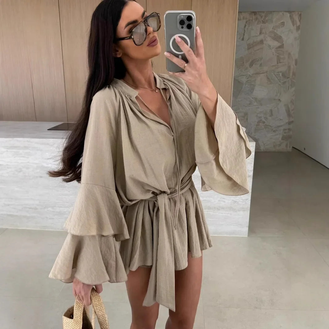 2026 Autumn Ruffle Loose Mini Dress Casual Flare Sleeve Holiday Dresses Sexy Deep V-neck Lace Up Solid Women's Dress Vestidos