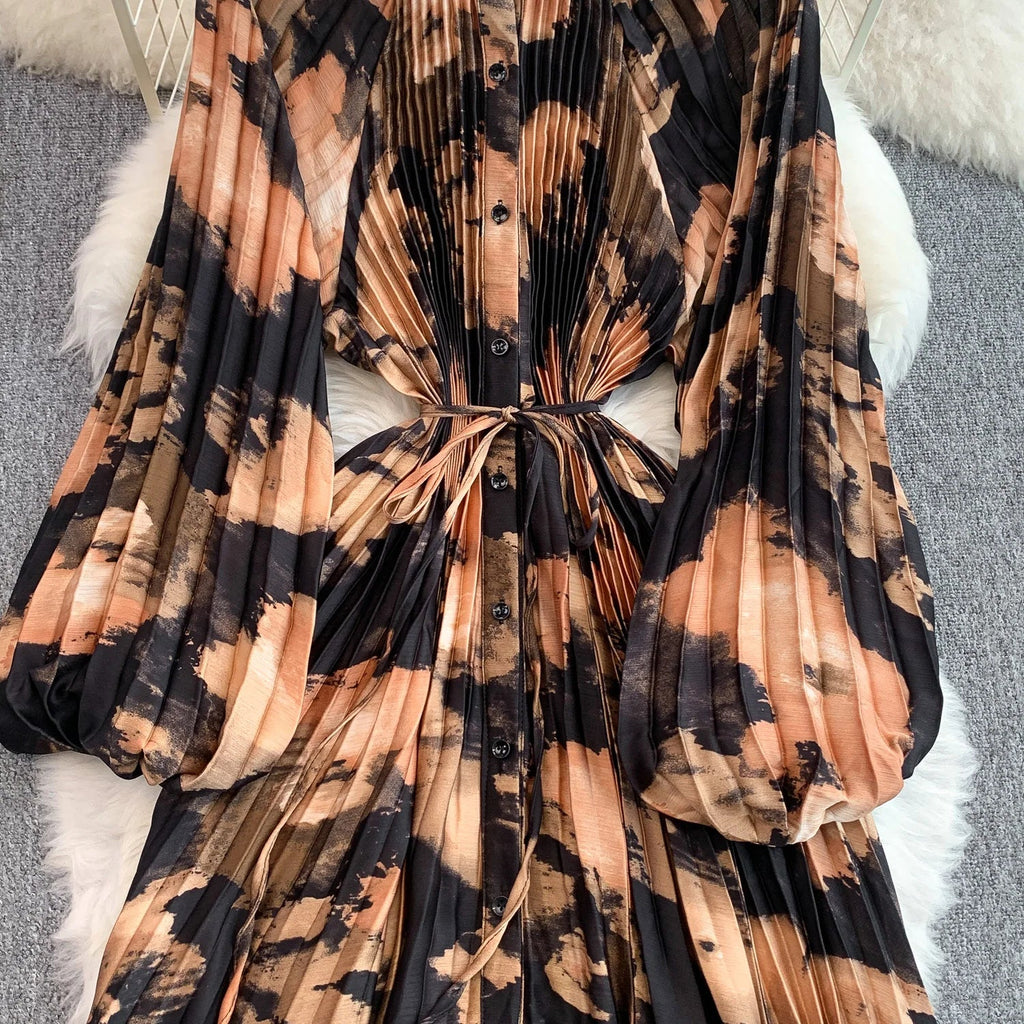 Printed round Ne Lantern Sve Dr Women's Single Button Waist Cinch Maxi Skirt Long Dr Commute Sle Autumn