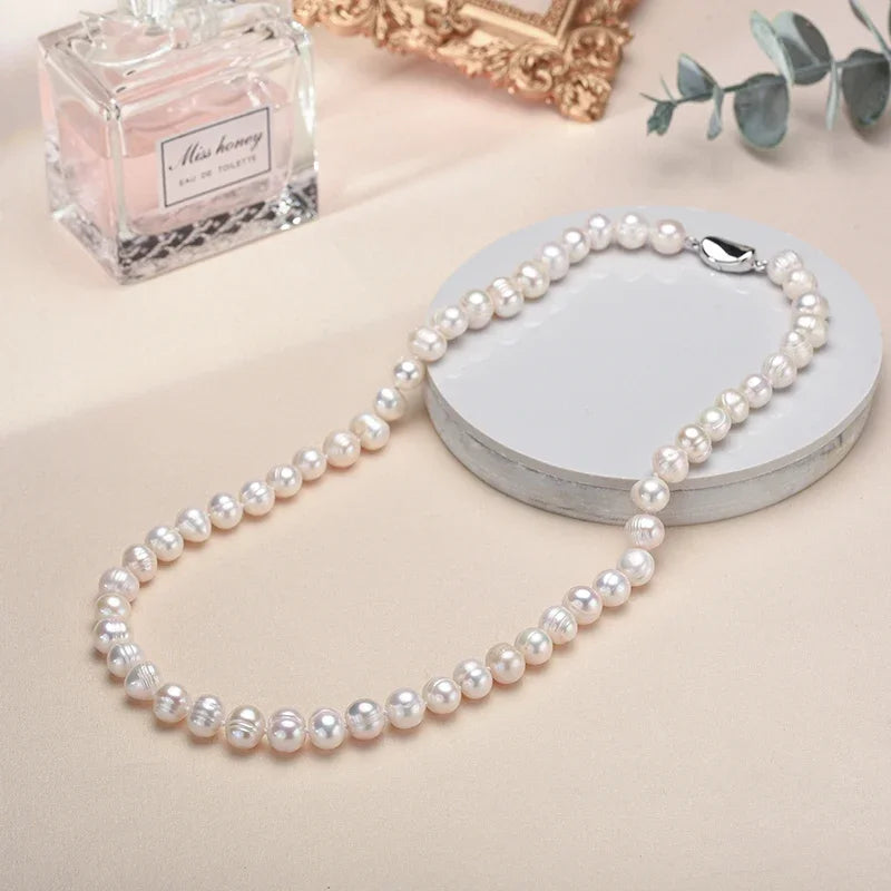 8-10MM Baroque Natural Freshwater Pearl Necklaces for Women 925 Sterling Silver Necklaces Jewelry 40-50cm Length