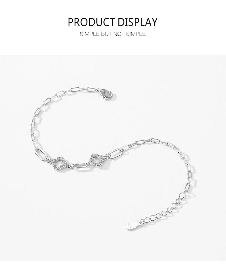 Real 925 Sterling Silver Charm Lucky Grass Cubic Zirconia Adjustable Bracelet For Women Classic Wedding Statement Jewelry