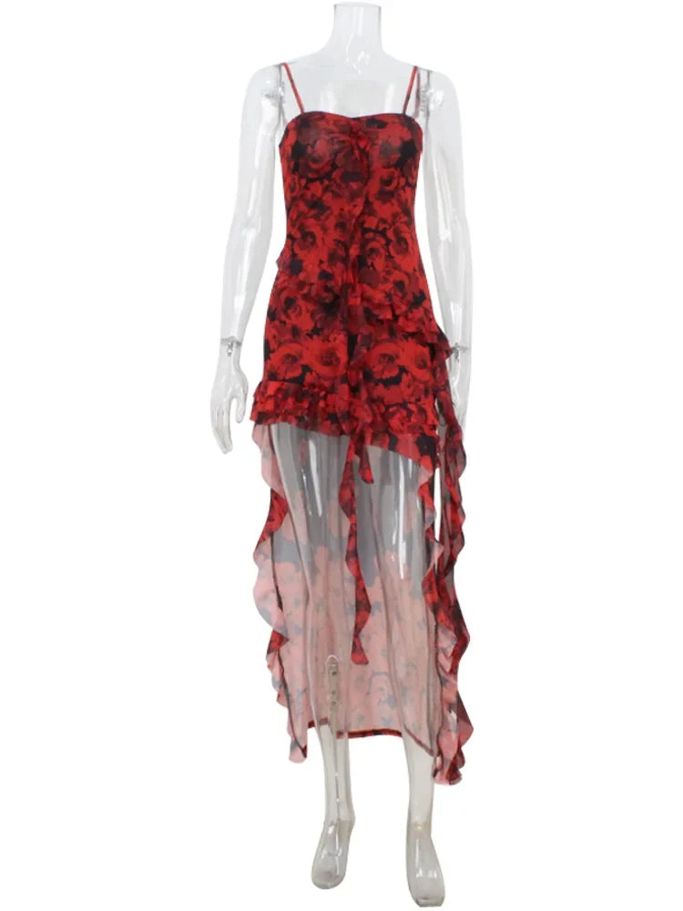 2025 Summer Fashion Women's Straps Dresses Print Asymmetrical Chiffon Floral Streetwear Skinny Trailing Yk2 Vestidos