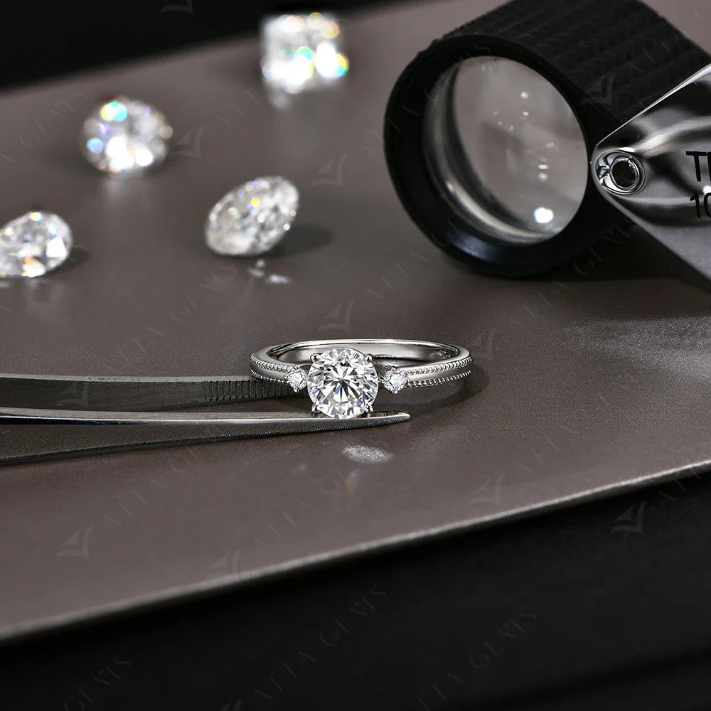 1CT 6.5mm Round Cut Moissanite Ring for Women 925 Silver 18K Gold Plated Bead Edge Design Engagement Party Jewelry Gift