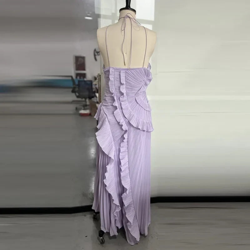 Elegant Neck Strap Ruffles Evening Gown Solid Folds A Line Lace Up Backless Sexy Party Dress 2025 New Party Vacation Y2k Robe