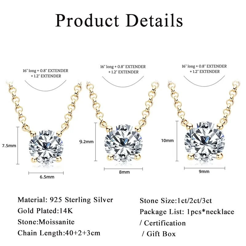 1CT 2CT 3CT Certified Moissanite Pendant Necklace For Women S925 Sterling Silver Solitaire Drop Necklaces Jewelry Gift