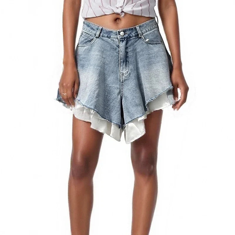 New Fashion Women's Patchwork Hem Wash Denim Shorts 2025 Summer Trendy High Waist A-line Short Pants Female 1LS1393