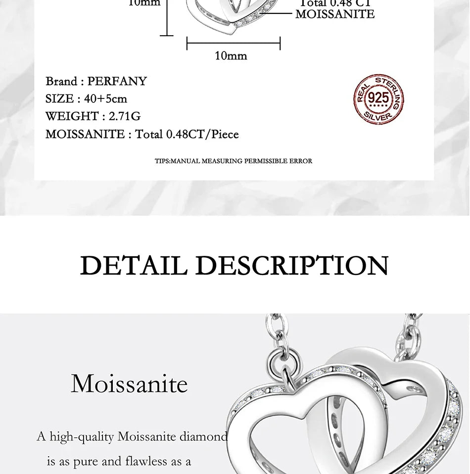 All Moissanite Necklace for Women S925 Pure Silver Double Heart Design Laboratory Diamond Pendant Fashion Luxury Jewelry