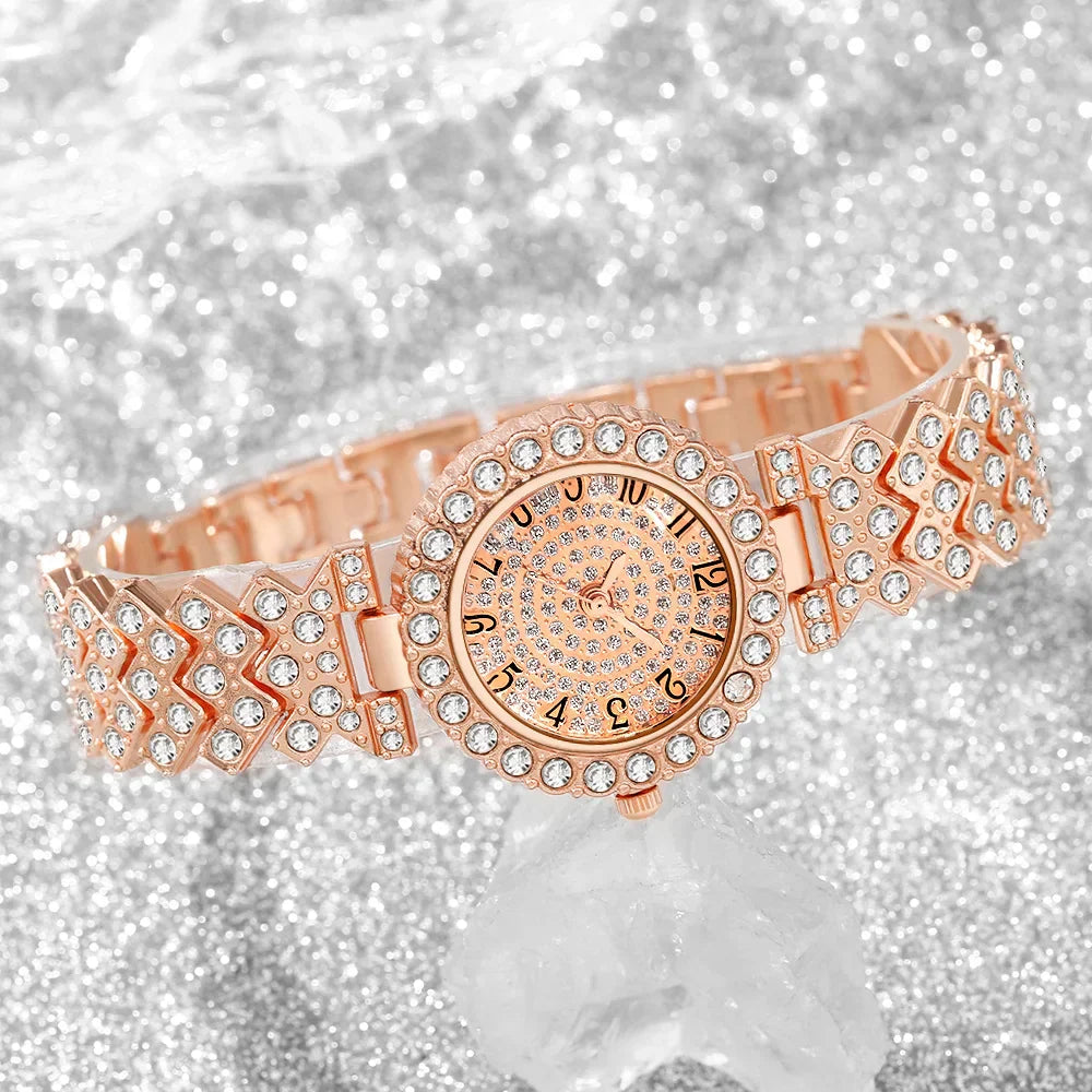 5pcs Luxury Rhinestone Women's Quartz Watch Elegant Ladies Bracelet Wristwatch Jewelry Set（Without Box）