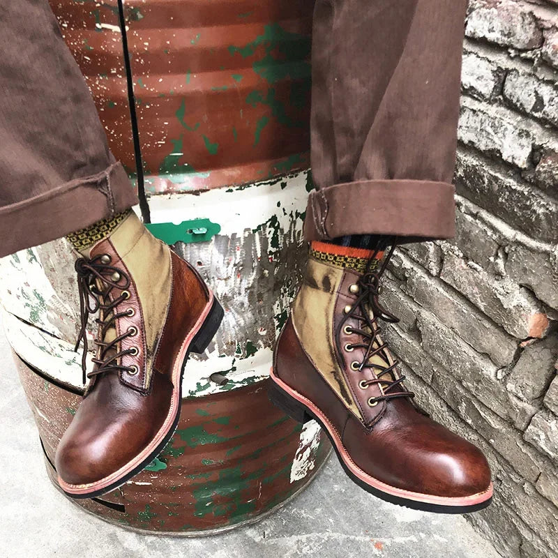Mens Winter Plus Velvet Cotton Boots Japanese Style Comfortable Warm Motorcycle Boots Men Trendy All-match Lace-up Leather Boots