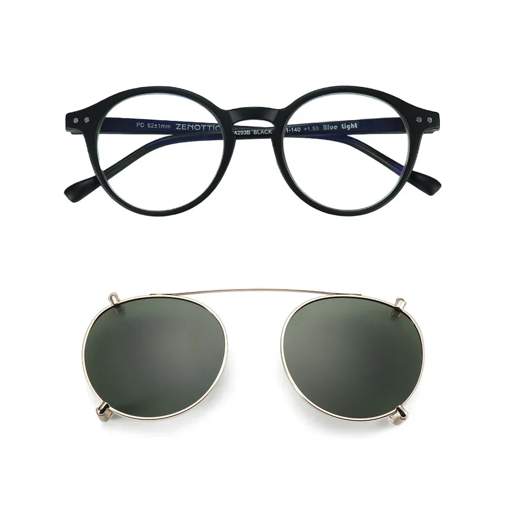 Steampunk Style Glasses (Anti Blue Light Blocking Eyewear) + Clip Lenses（Polarized Sunglasses Clips）for Women Men