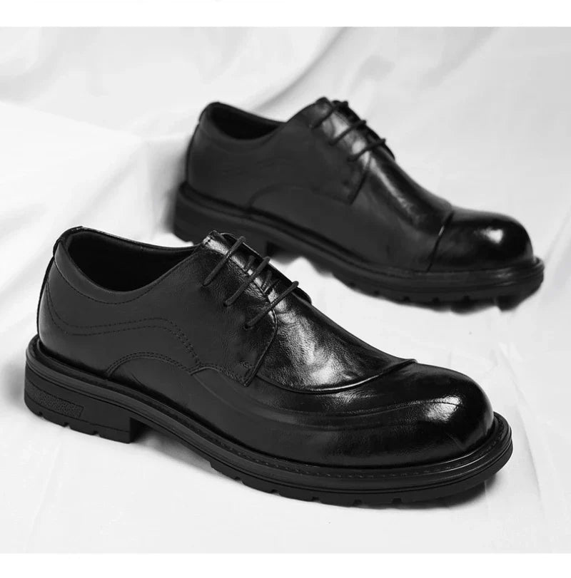 Brown Burnished Genuine Leather Lace Up Chunky Sole Formal Business Office Groom Wedding Daily Wear Shoes Fashion Comfortable