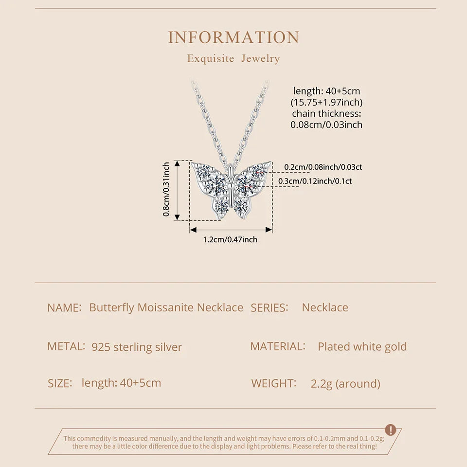 Moissanite Butterfly Necklace 925 Sterling Silver Insect Pendant Necklace Adjusable Link Chain for Women Sparkling Gift