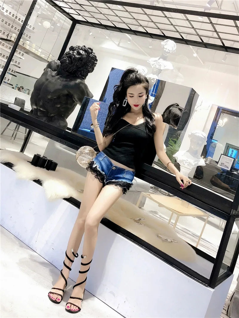 Y2k Shorts Women Nightclub Denim Shorts Lace Low Waist Sexy Hot Pants Female Super Shorts Pink