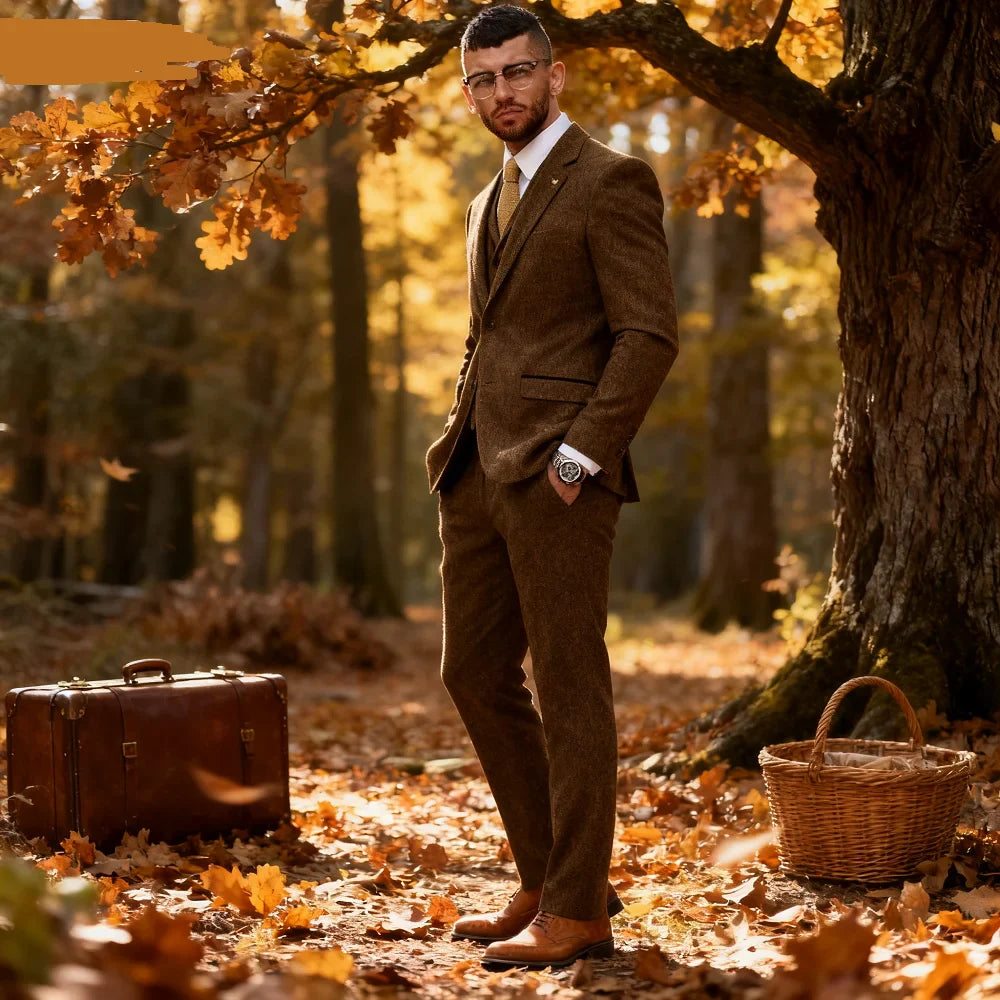 Men's Herringbone Slim Fit 3-Piece Tweed Smoking Suit Casual Formal Business Ternos Wedding Blazer Pants Vest Wool Blend