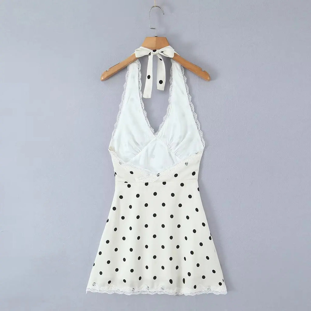 Lace Spliced Polka Dot Halter Dress Women Elegant A-line Mini Sexy Backless Dresses Summer Robe 2025