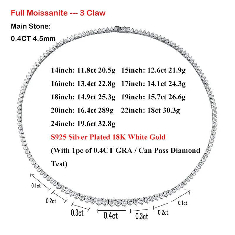 3 Claw 0.4CT 4.5mm Gradient Full D Color Moissanite Diamond Tennis Necklace for Women 925 Silver GRA Certified Neck Chain