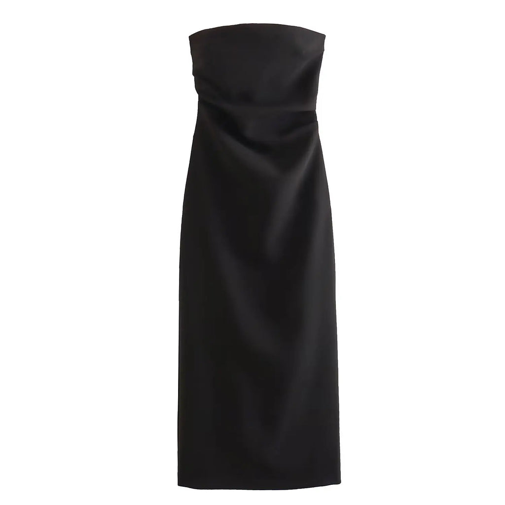 Women Fashion Summer New Sexy Split Back Zip Pleated Sleeveless Strapless Dress Chic Female French Elegant Evening