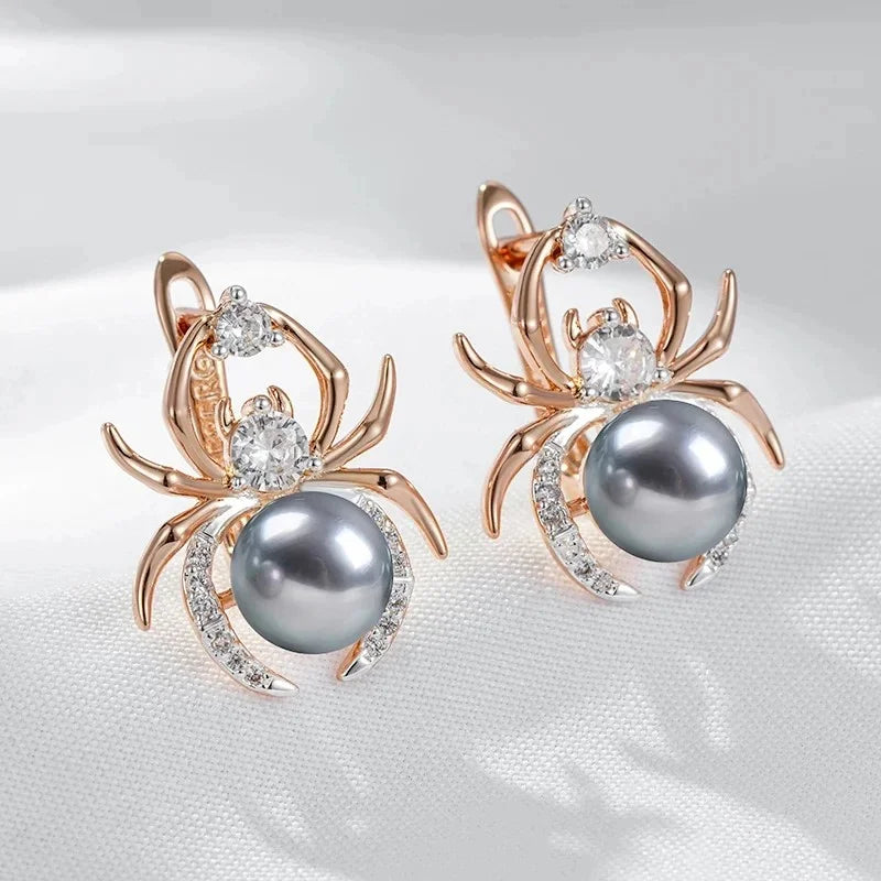Hot Gray Pearl Animal jewelry Set for Women Spider Earrings Necklace and Ring 585 Rose Gold Silver Color Mix Retro Jewelry