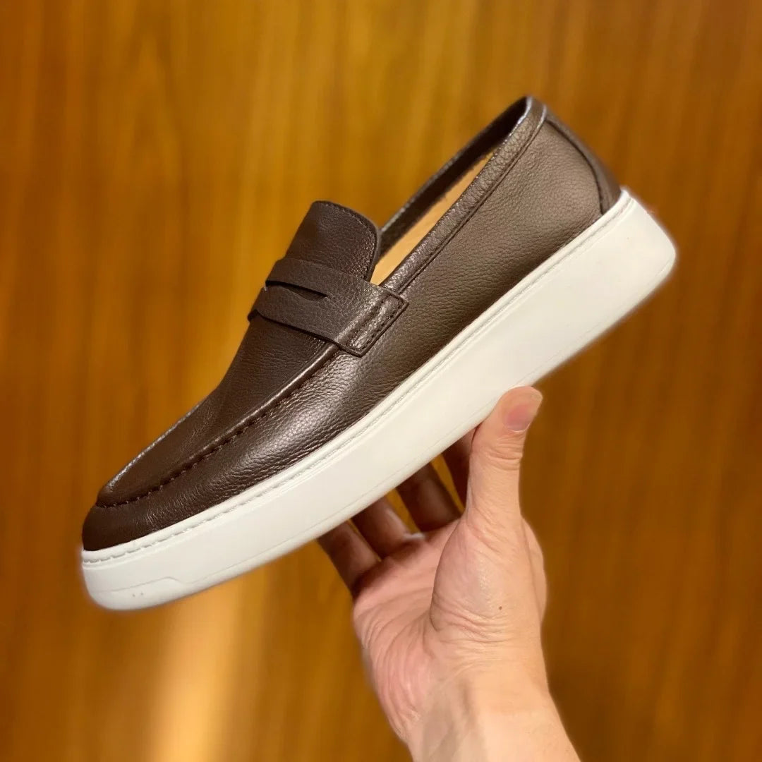 2026 New Men Genuine Grain Leather Penny Loafers Slip On Platform Non Slip Soft Sole Business Casual Driving Daily Walking Shoes