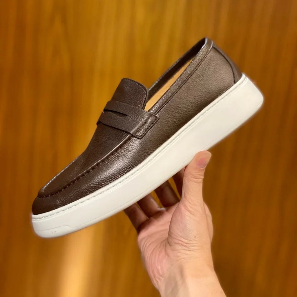 2026 New Men Genuine Grain Leather Penny Loafers Slip On Platform Non Slip Soft Sole Business Casual Driving Daily Walking Shoes