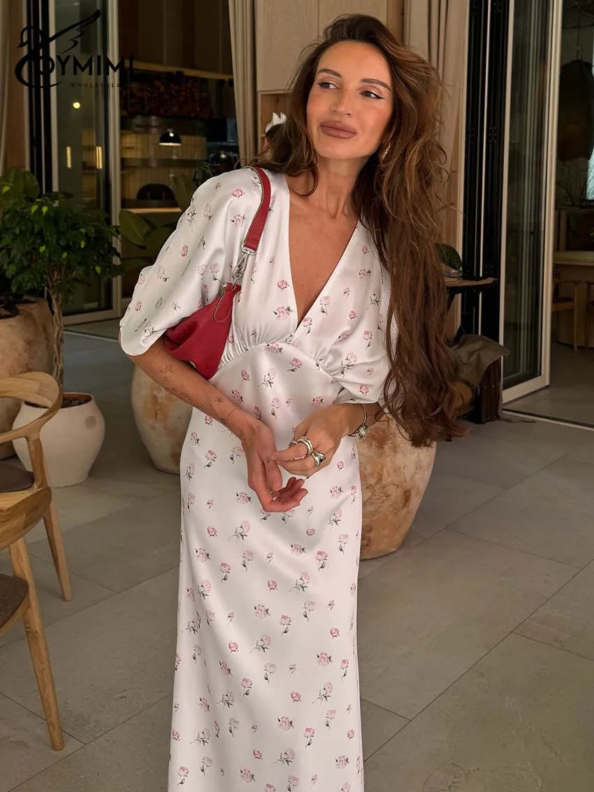 Casual White Print Dresses For Woman Fashion V-Neck Batwing Sleeve Dresses Elegant Straight Floor-Length Dress Streetwear
