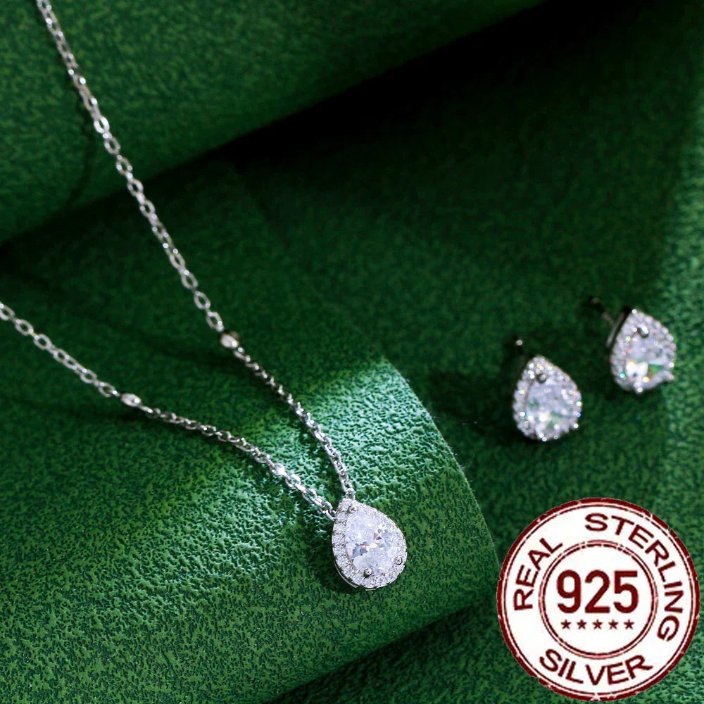 Pure 925 Sterling Silver Pear Cut CZ Stud Earrings Pendant Necklace Set for Women Fine Jewelry Accessories Gift ST005