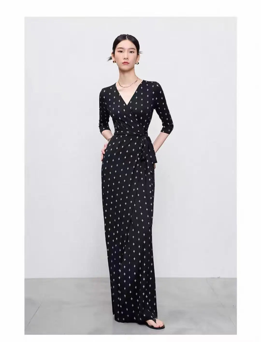 High End Half Sleeved Floral Long Dress For Women, 2026 Spring/Summer One-Piece Lace Up Lazy And Relaxed Vacation Dress
