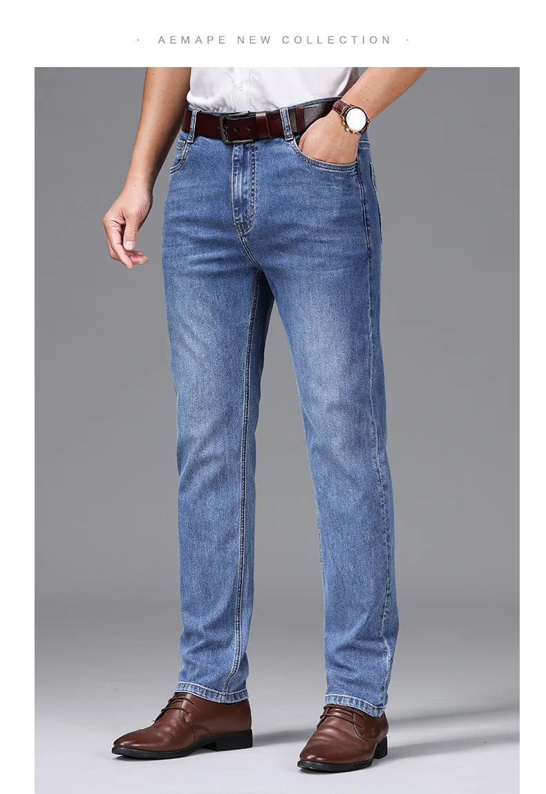 Spring/Summer 2023 Men's Gray Frayed Thin Jeans Classic Style Business Fashion Cotton Denim Stretch Pants Male Brand Trousers