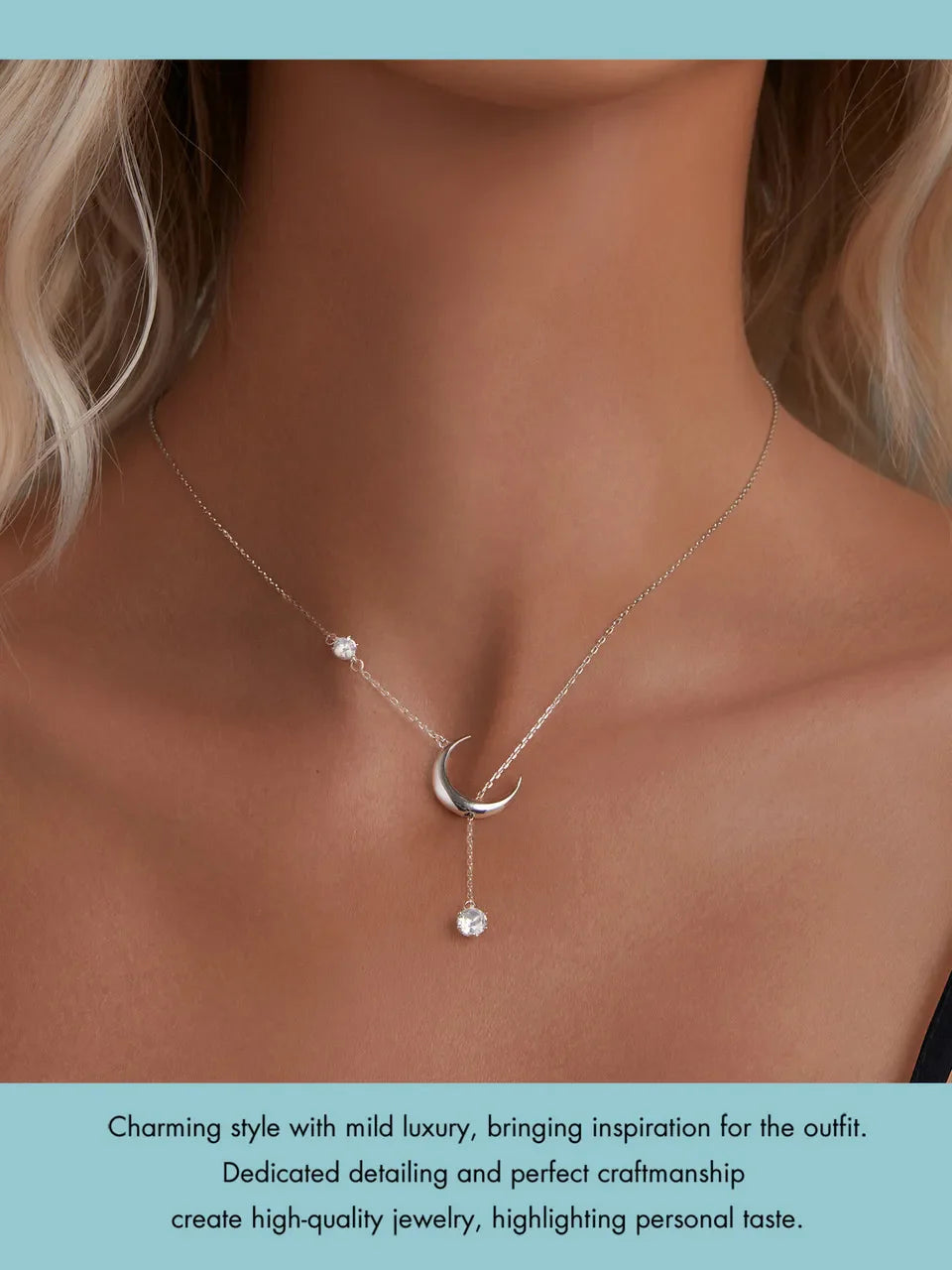 925 Sterling Silver Y-Shape Moon Pendant Necklace Water-drop Zircon Neck Chain for Women Anniversary Gift Fine Jewelry