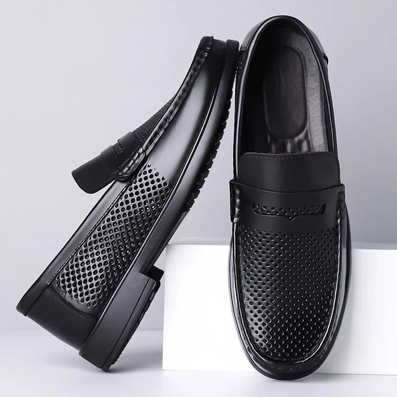 2026 Summer Mens Leather Loafers Slip on Casual Shoes Breathable Moccasins Comfortable Walking Office Flats Male Walking Shoes