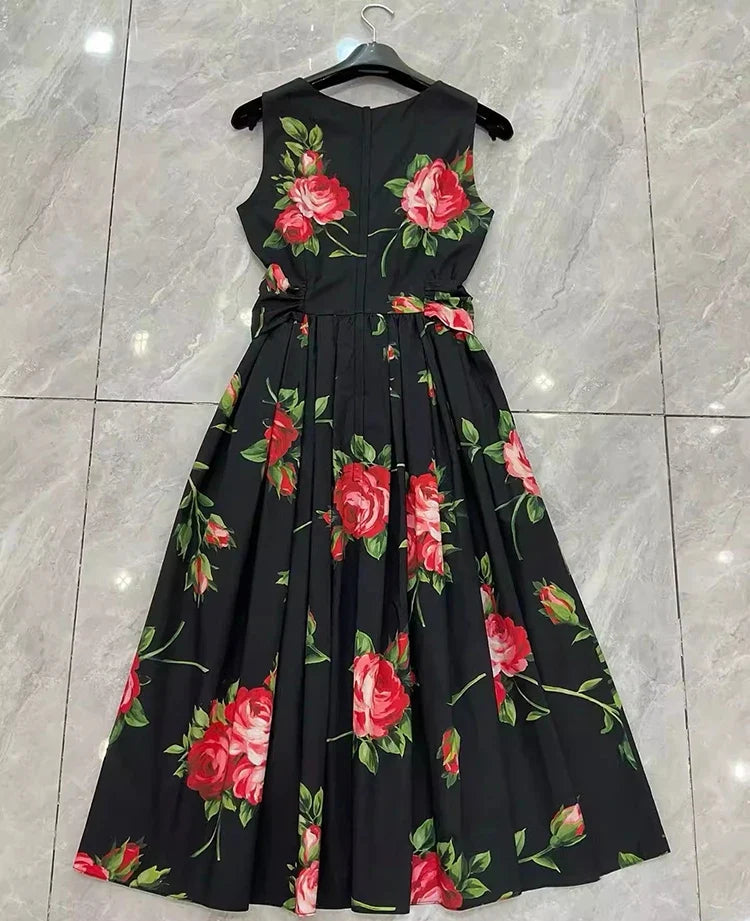 2026 Spring Women's New Fashion Round Neck Sleeveless Cotton Printed Tie a belt Waist cinching Dress