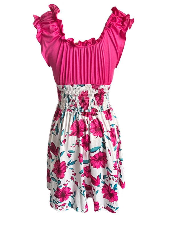 Summer new V-neck slim fit elastic waist women's dress with floral patchwork design, suitable for beach vacations