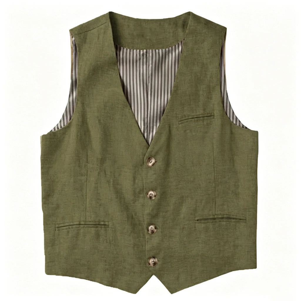 Beige Linen Men's Vest V Neck Summer Waistcoat Single Breasted Light Weigt Men's Suits Vest