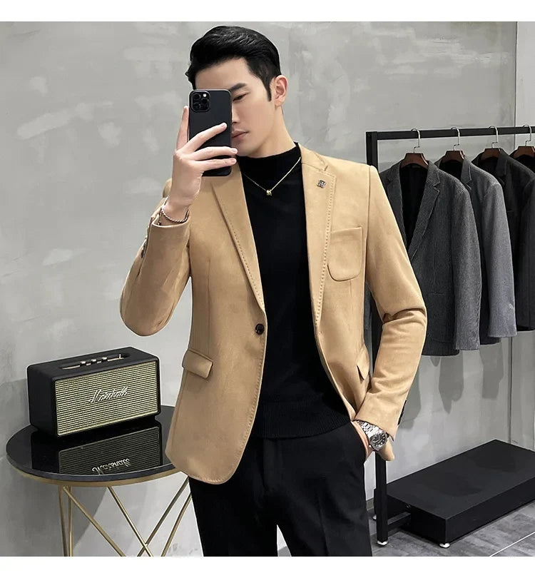 Plus Size 4XL-M Autumn Deerskin Velvet Jackets Blazer 6 Color Men Business Slim Blazers Hommes Casual Wedding Tuxedo Suit Coat