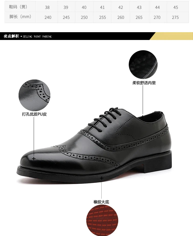 Men's Black Brogue Oxford Shoes Formal Dress Shoes for Business Wedding Red Sole Comfortable Lace-up Footwear
