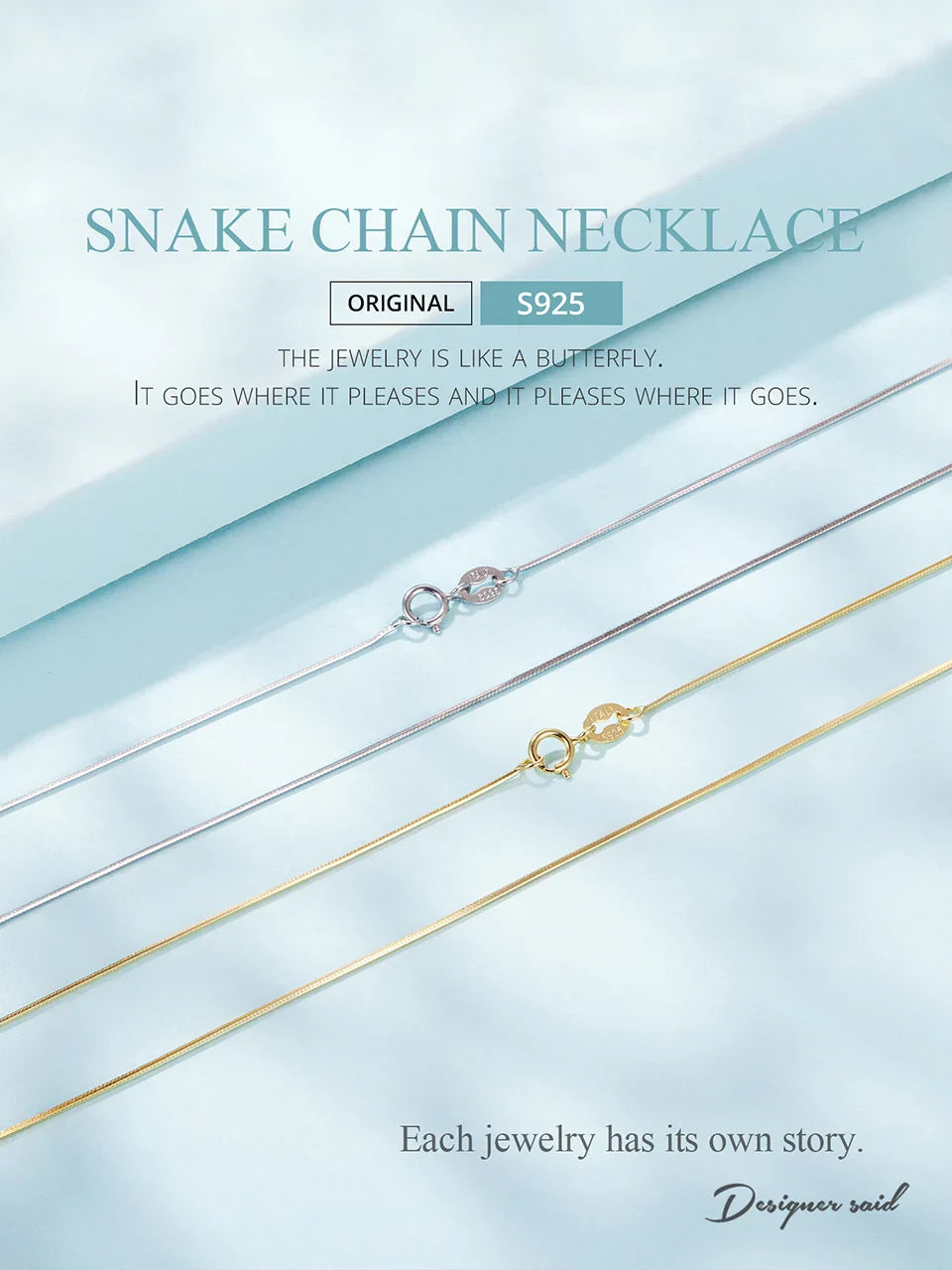 Solid Gold Over 925 Sterling Silver Chain Necklace for Women Girls, Thin Dainty Round Snake Chain For Daily Pairing