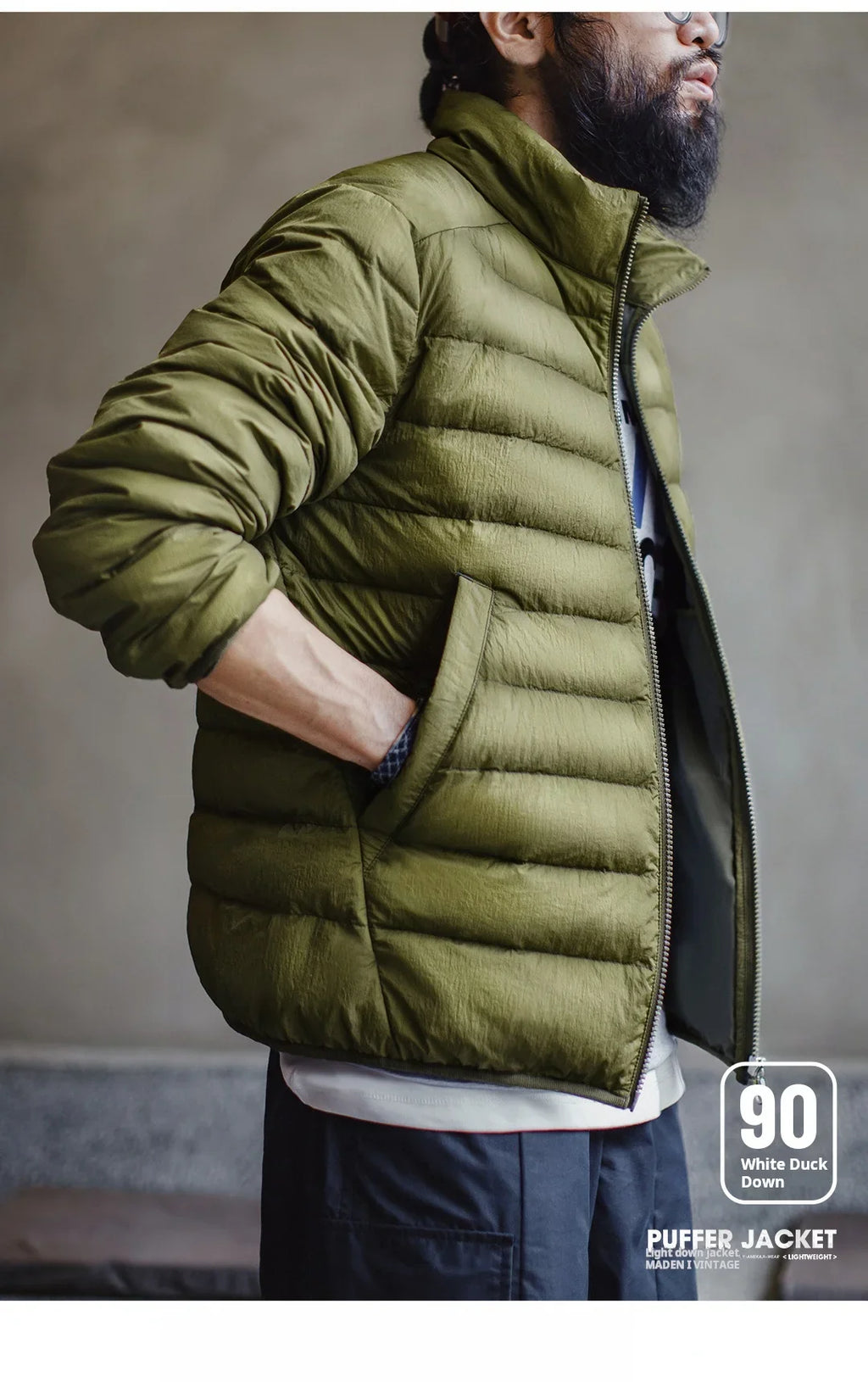 Winter Men's Stand-up Collar Down Jacket Lightweight Hydrophobic White Duck Down Filling Coat Warm Inner Layer for Fall