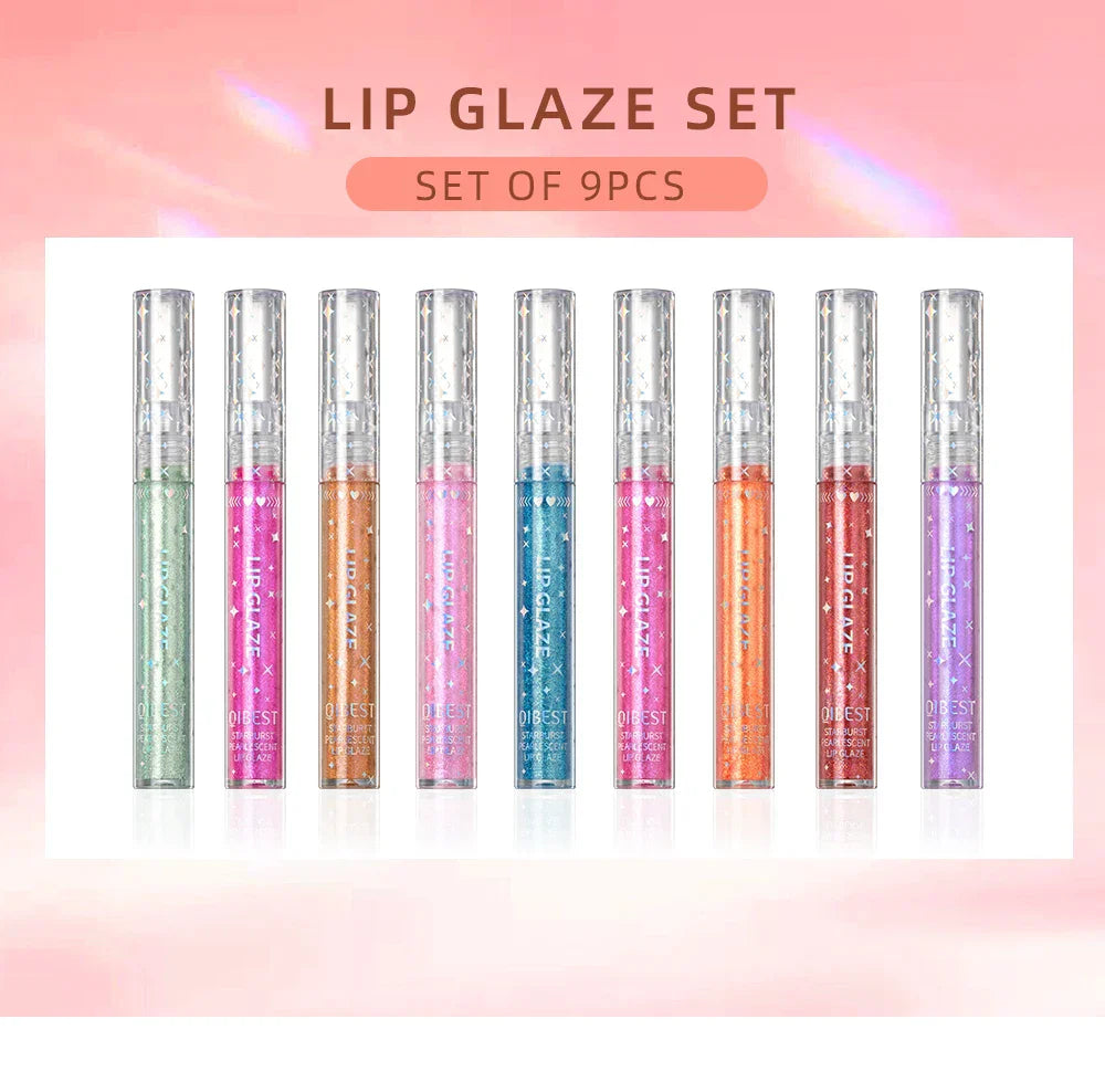 9Pcs/Sets Glitter Lip Glaze Liquid Lipstick Set Shine Lip Gloss Gift Box Natural Moisturizer Waterproof Lips Makeup
