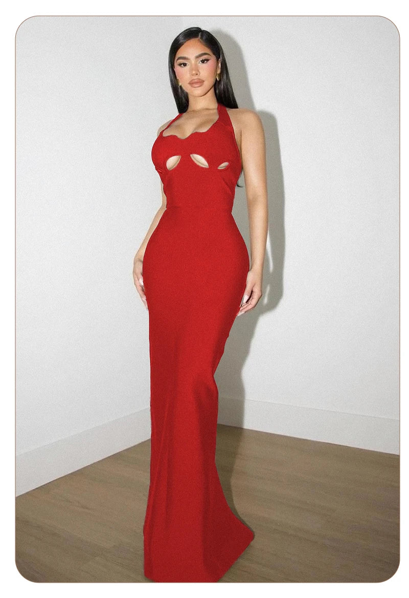 VC Black Halter Elegant Dress For Women 2025 New Summer Evening Party Celebrity Bodycon Long Dress Red Brown Prom Vestido
