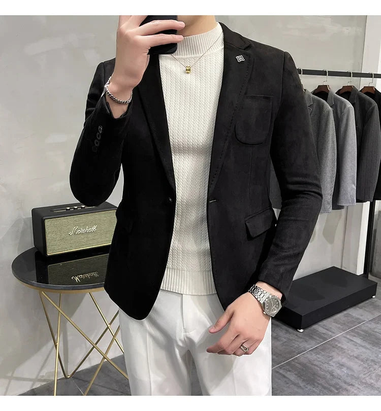 Plus Size 4XL-M Autumn Deerskin Velvet Jackets Blazer 6 Color Men Business Slim Blazers Hommes Casual Wedding Tuxedo Suit Coat