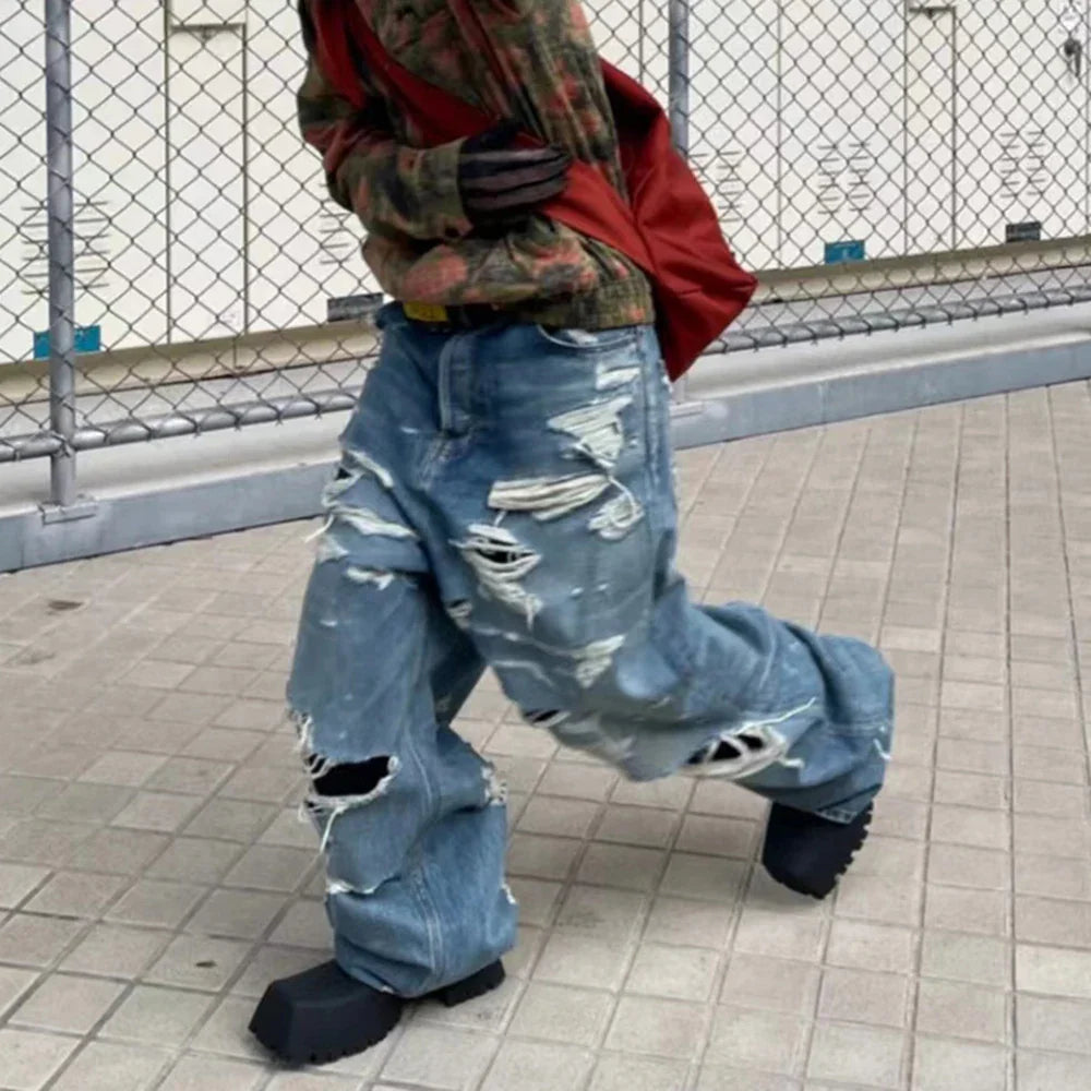 Distressed Washed Blue Baggy Wide Leg Jeans for Men